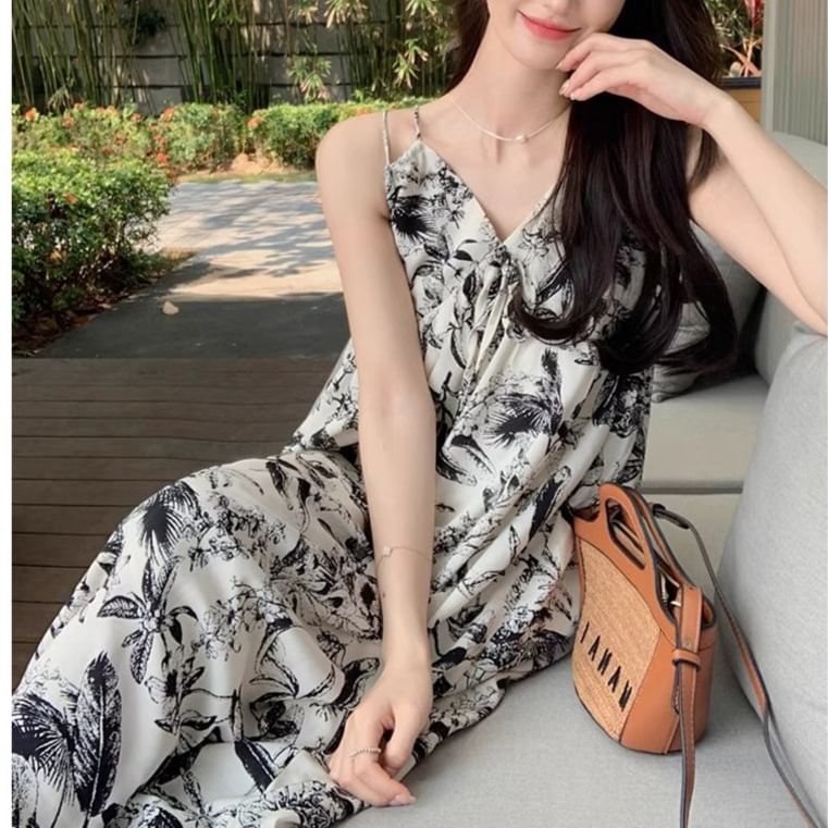 Dress Maxi V-Neck Spaghetti Floral Strap Print
