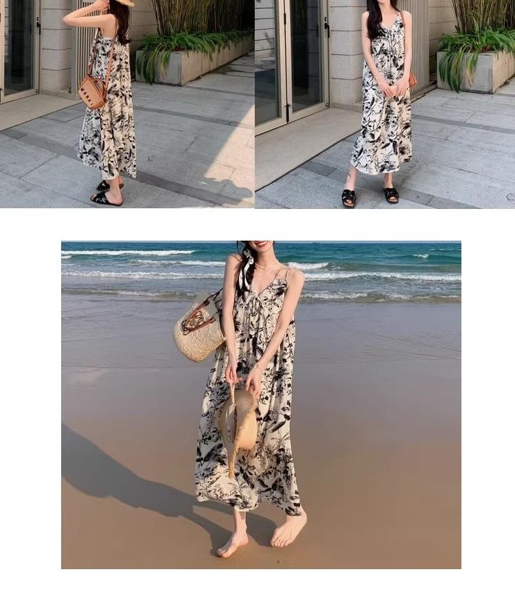 Dress Maxi V-Neck Spaghetti Floral Strap Print