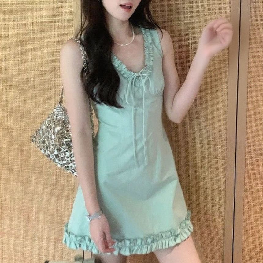 Sleeveless Mini Trim Ruffle V-neck Dress