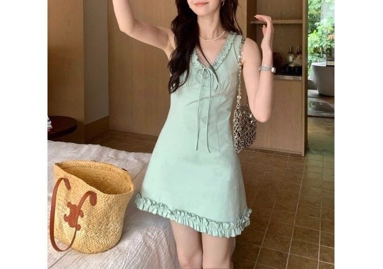 Sleeveless Mini Trim Ruffle V-neck Dress