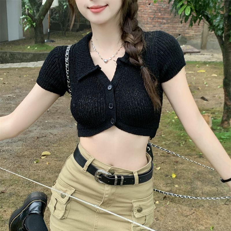 Knit Short-Sleeve Collared Crop Top Plain