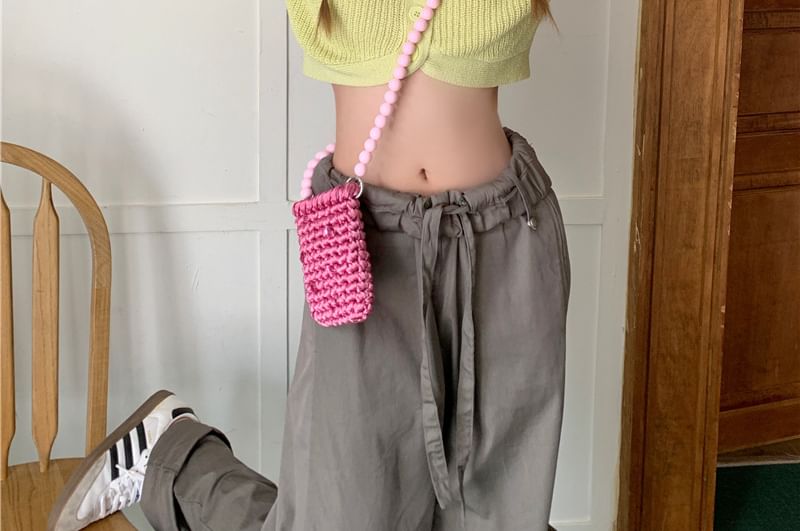 Knit Short-Sleeve Collared Crop Top Plain