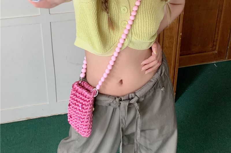 Knit Short-Sleeve Collared Crop Top Plain