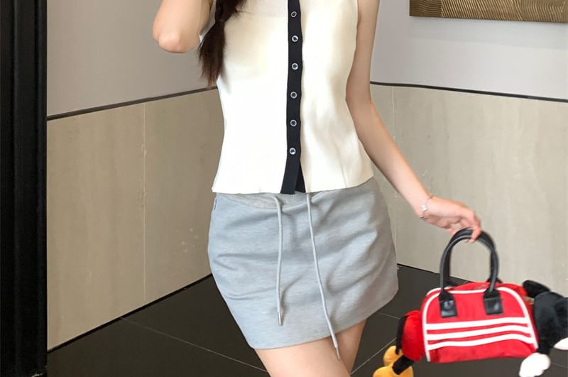 Button-Up Knit Sleeveless Sailor Top Collar
