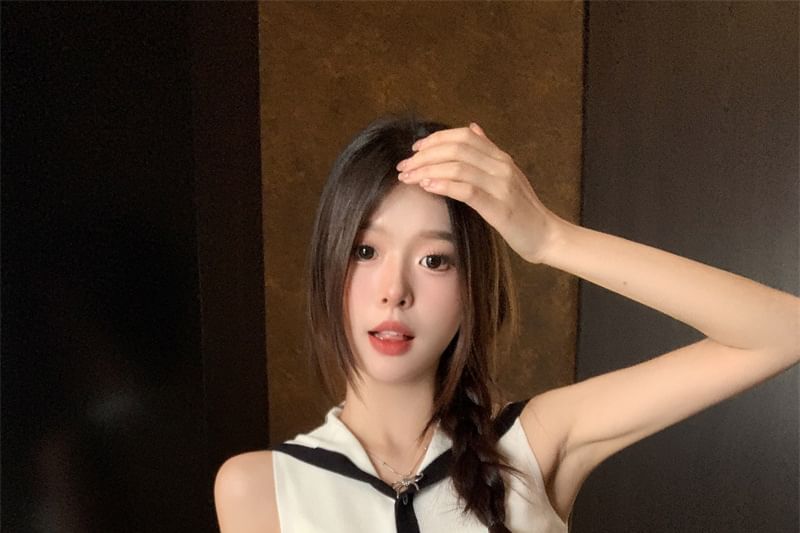 Button-Up Knit Sleeveless Sailor Top Collar