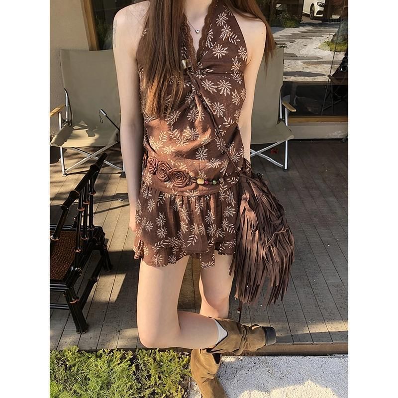 Print Skirt Mini V-Neck Top Sleeveless /