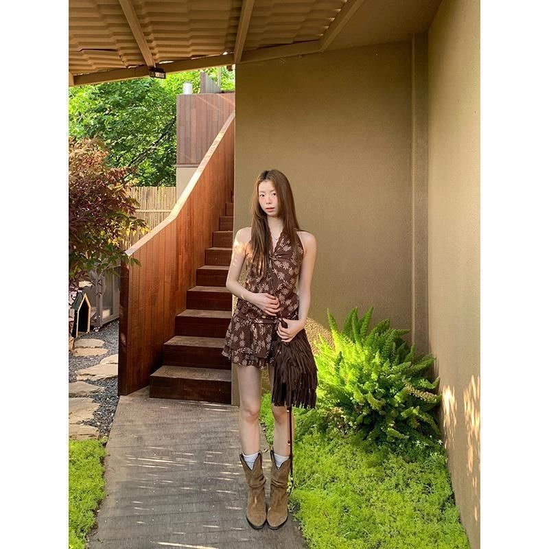 Print Skirt Mini V-Neck Top Sleeveless /