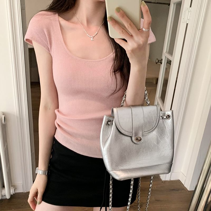 Neck Scoop Plain Top Knit Cap-Sleeve