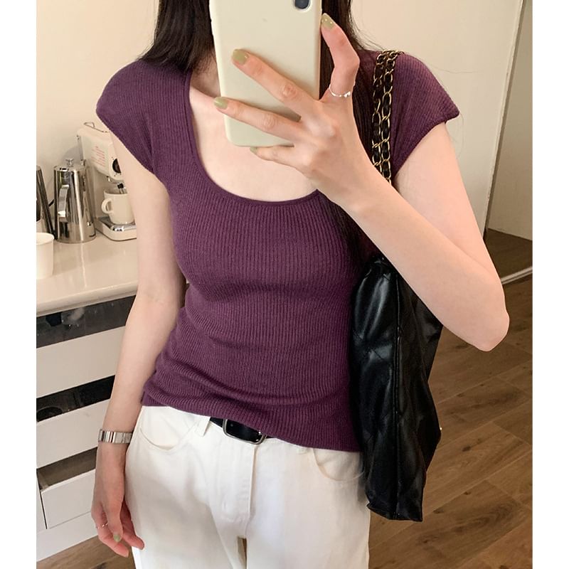 Neck Scoop Plain Top Knit Cap-Sleeve