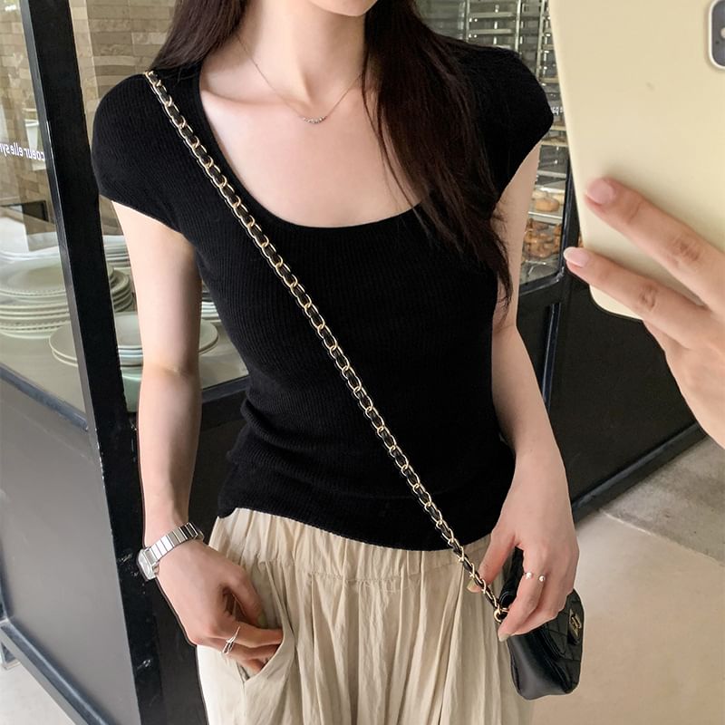 Neck Scoop Plain Top Knit Cap-Sleeve