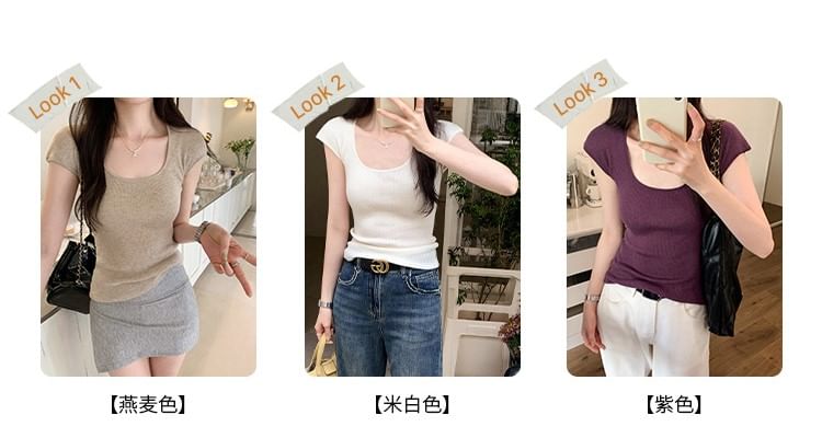 Neck Scoop Plain Top Knit Cap-Sleeve