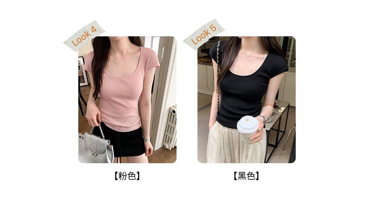 Neck Scoop Plain Top Knit Cap-Sleeve