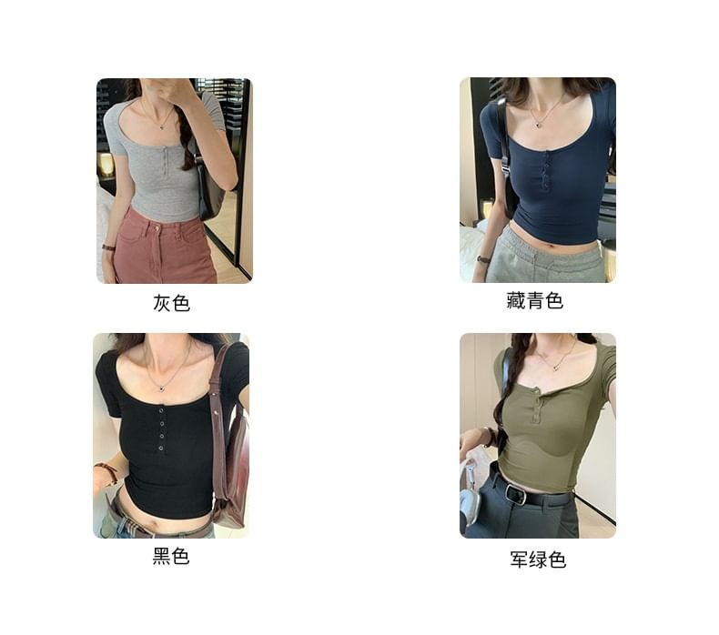 Neck Plain Crop Top Short-Sleeve Henley Scoop