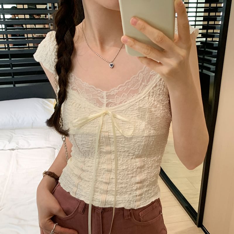 Cap-Sleeve Lace V-Neck Top Crop