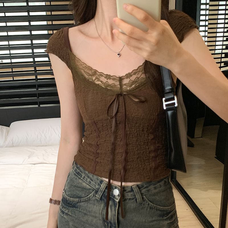 Cap-Sleeve Lace V-Neck Top Crop