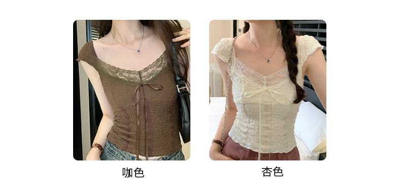 Cap-Sleeve Lace V-Neck Top Crop