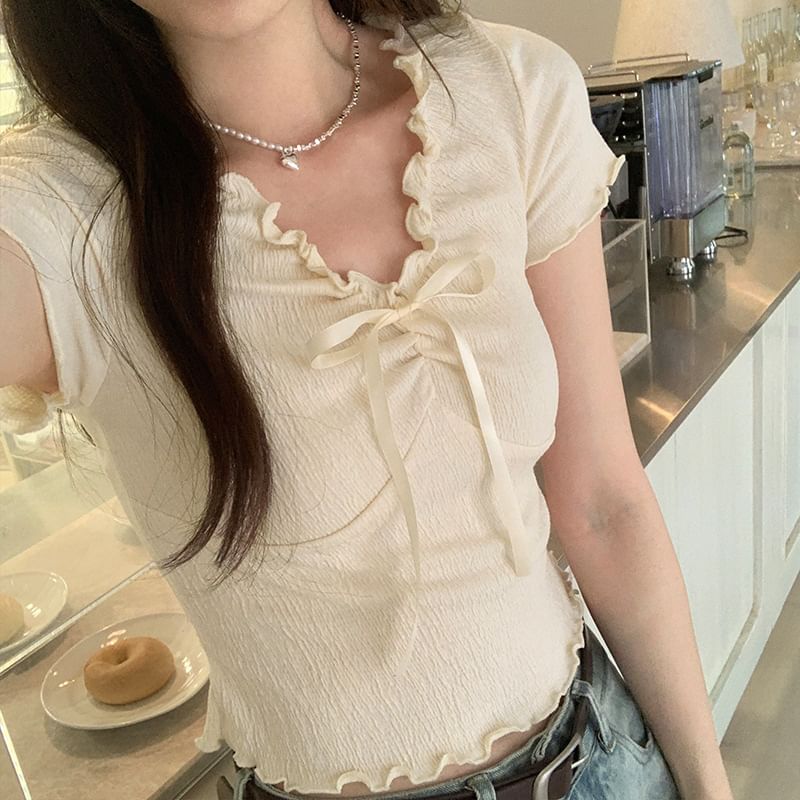 Crop V-Neck Lace Top Short-Sleeve