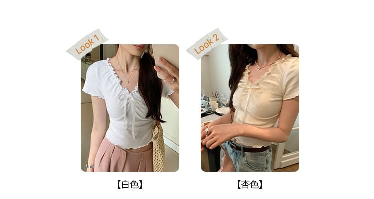 Crop V-Neck Lace Top Short-Sleeve