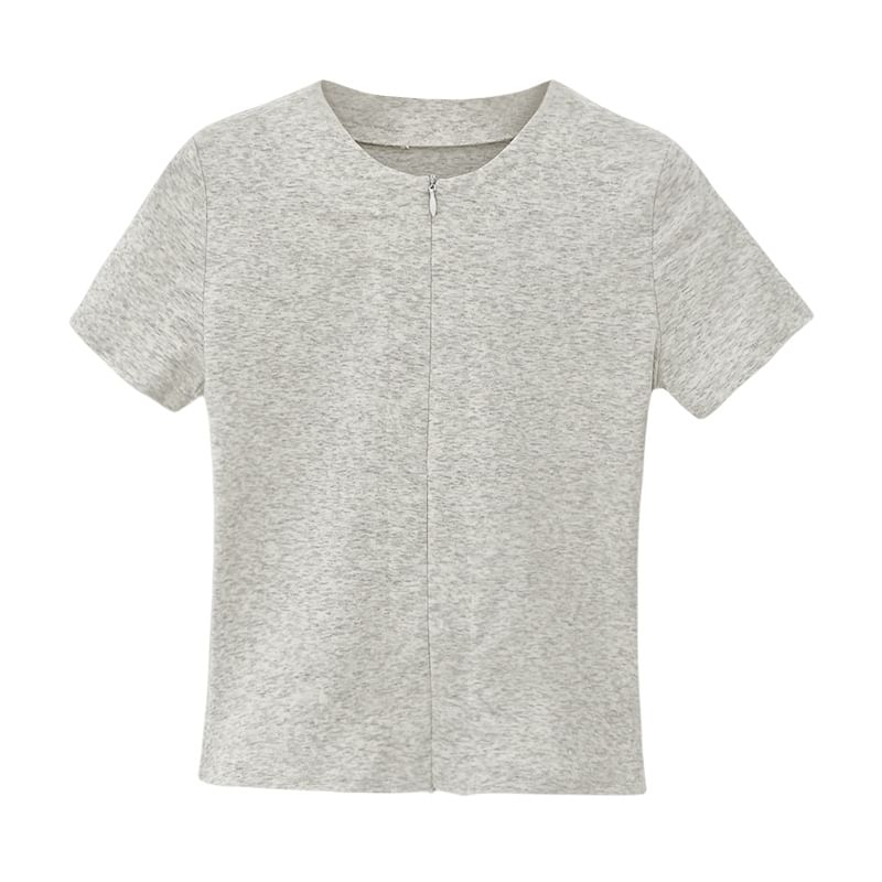 Short-Sleeve Plain Knit Top Zip-Up