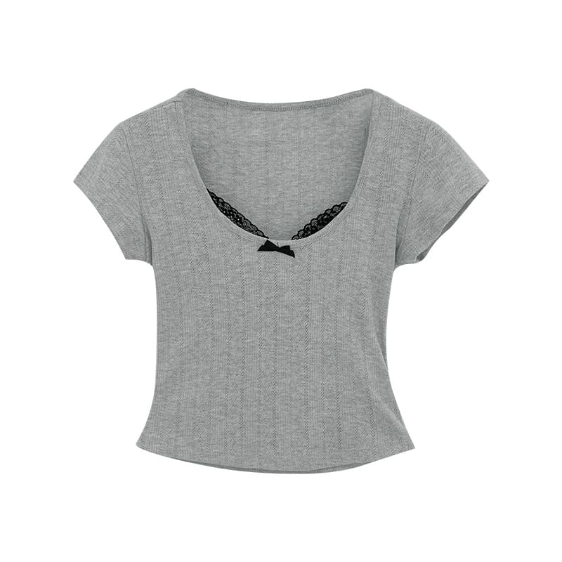 Neck Top Crop Scoop Lace Sleeve Short Trim