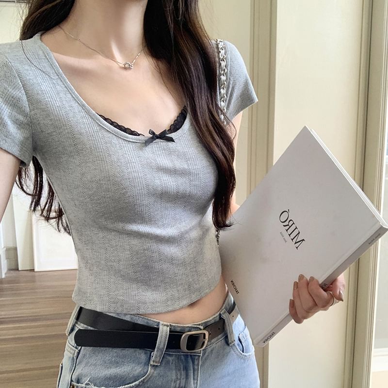 Neck Top Crop Scoop Lace Sleeve Short Trim