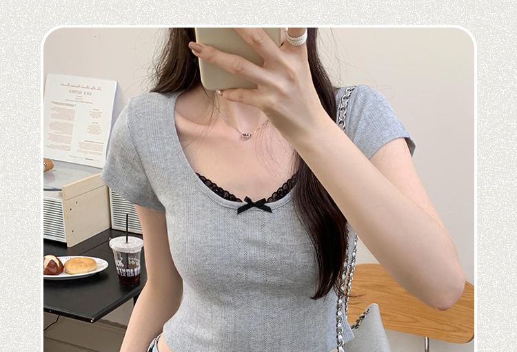 Neck Top Crop Scoop Lace Sleeve Short Trim