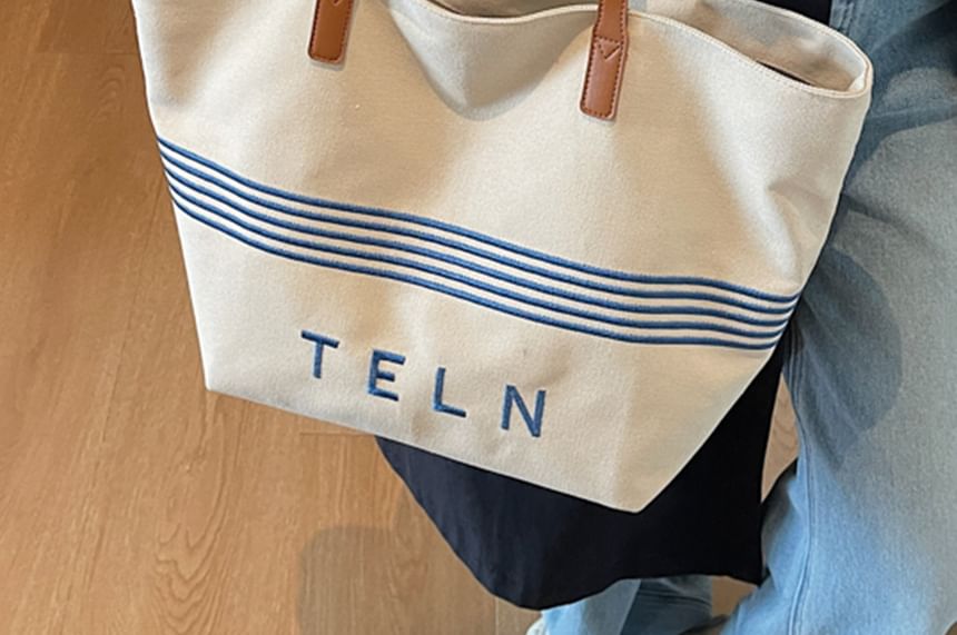 Striped Canvas Embroidered Bag Lettering Tote