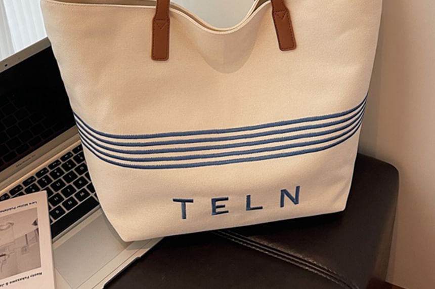 Striped Canvas Embroidered Bag Lettering Tote