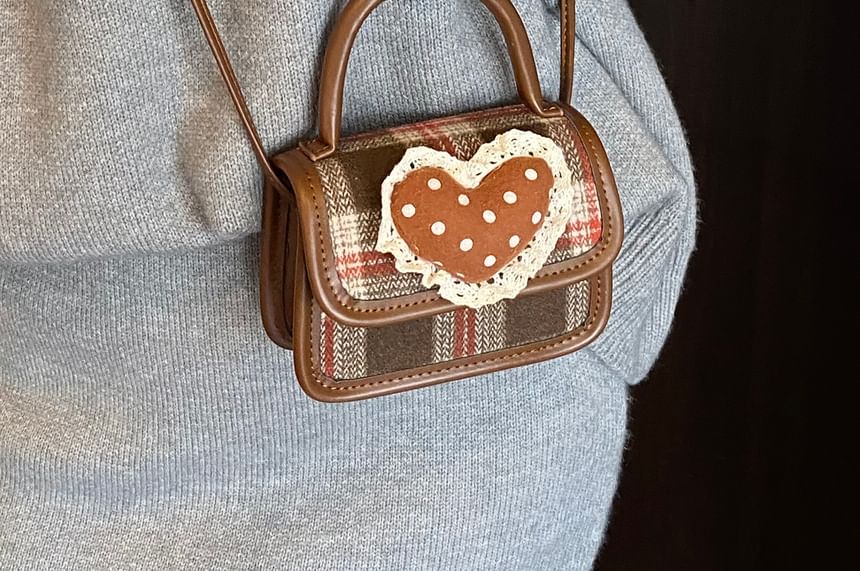 Plaid Heart Applique Flap Handle Top Crossbody Bag