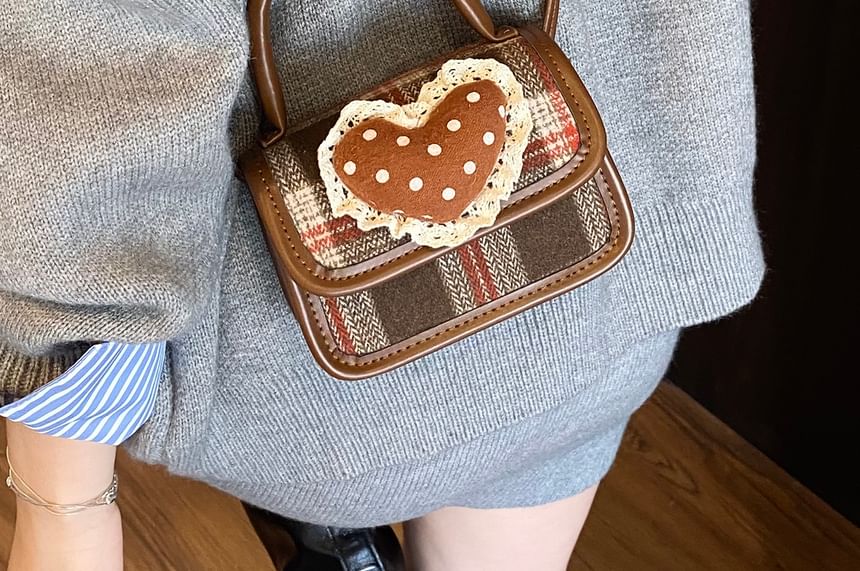 Plaid Heart Applique Flap Handle Top Crossbody Bag