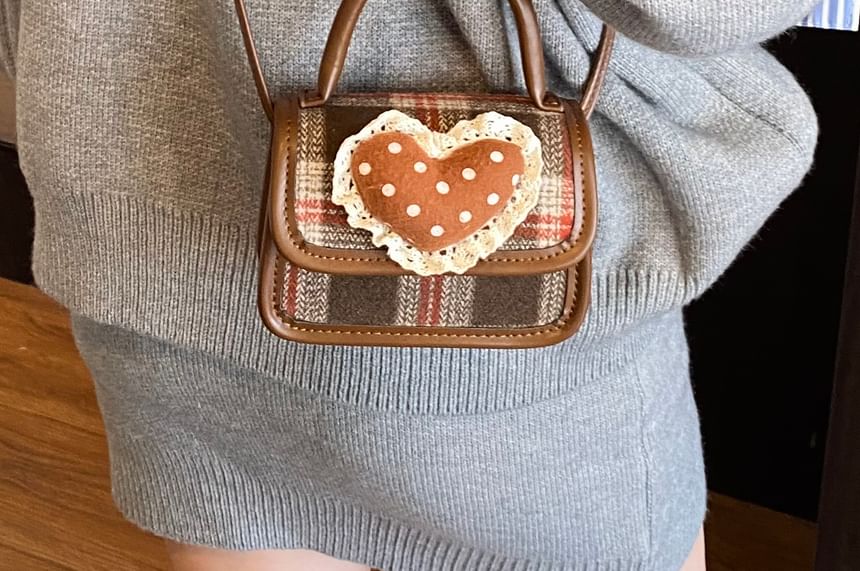 Plaid Heart Applique Flap Handle Top Crossbody Bag