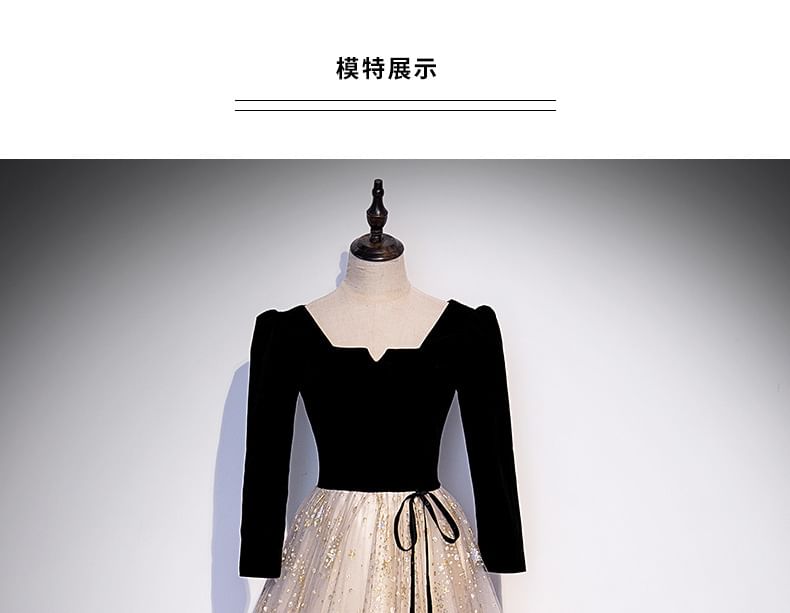 Evening A-Line / Short-Sleeve Long-Sleeve Panel Mesh Print Star Gown Notch Neck