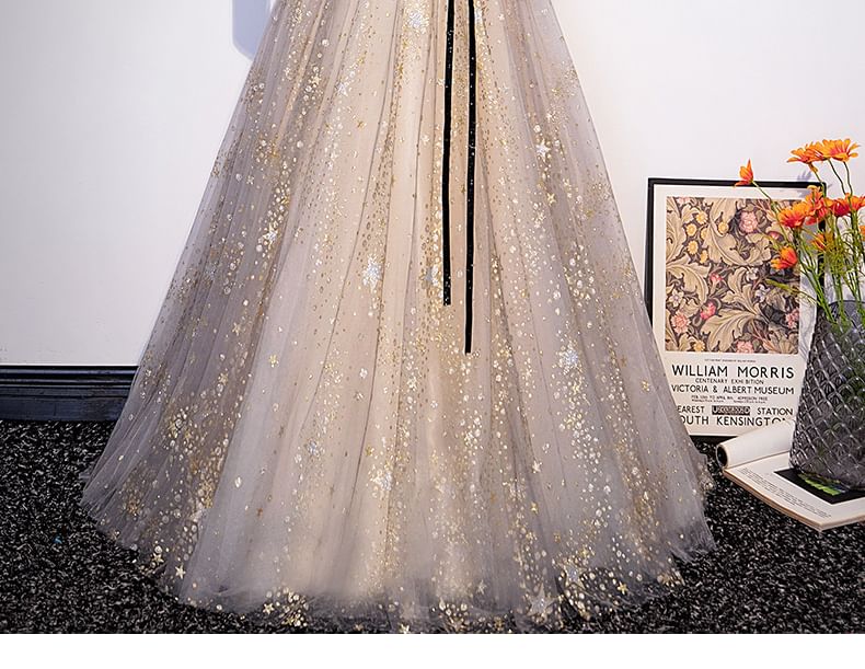 Evening A-Line / Short-Sleeve Long-Sleeve Panel Mesh Print Star Gown Notch Neck