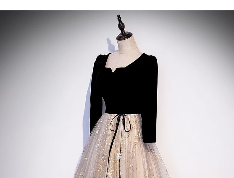 Evening A-Line / Short-Sleeve Long-Sleeve Panel Mesh Print Star Gown Notch Neck