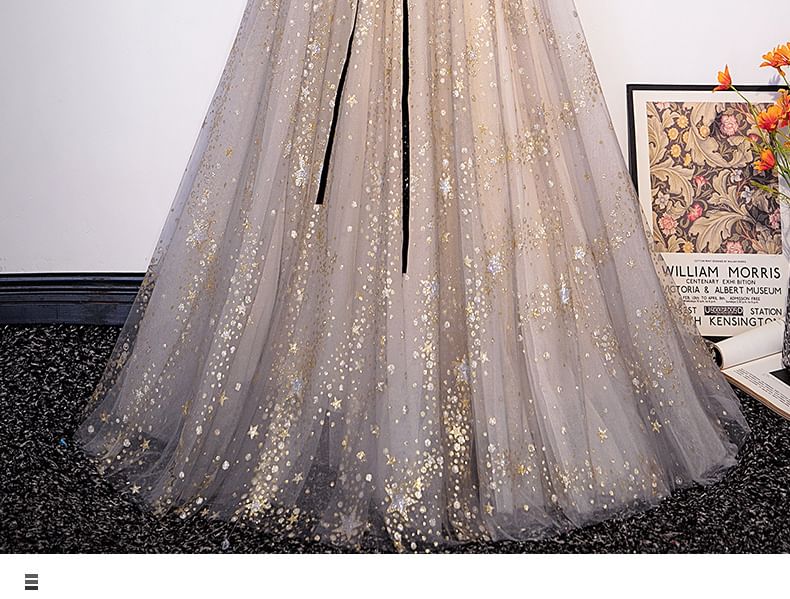 Evening A-Line / Short-Sleeve Long-Sleeve Panel Mesh Print Star Gown Notch Neck