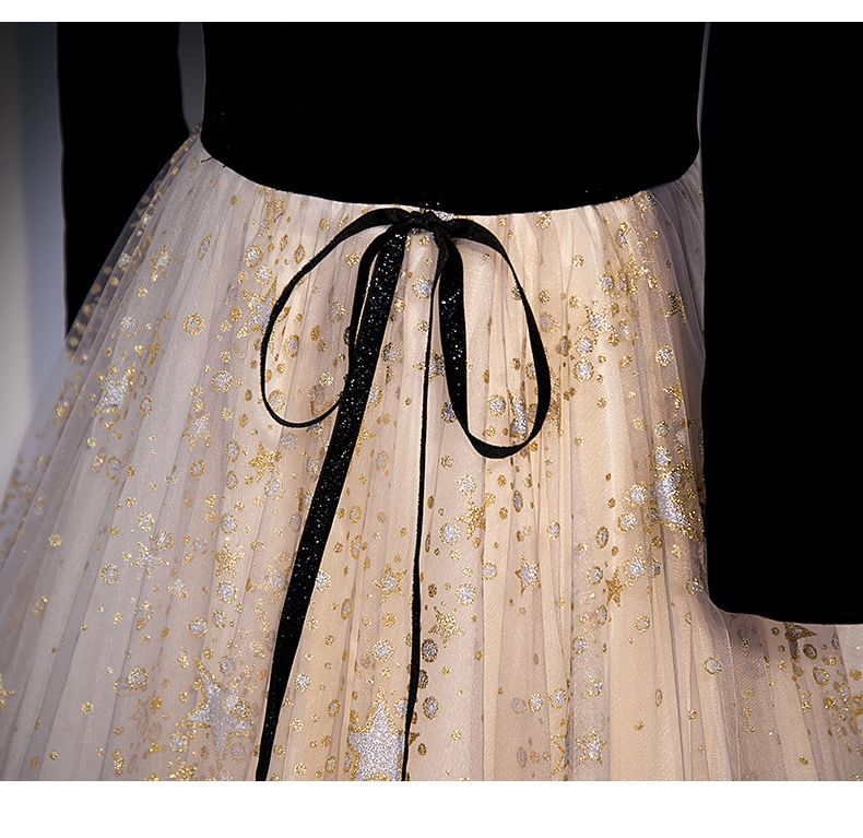 Evening A-Line / Short-Sleeve Long-Sleeve Panel Mesh Print Star Gown Notch Neck