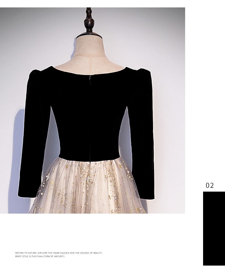 Evening A-Line / Short-Sleeve Long-Sleeve Panel Mesh Print Star Gown Notch Neck