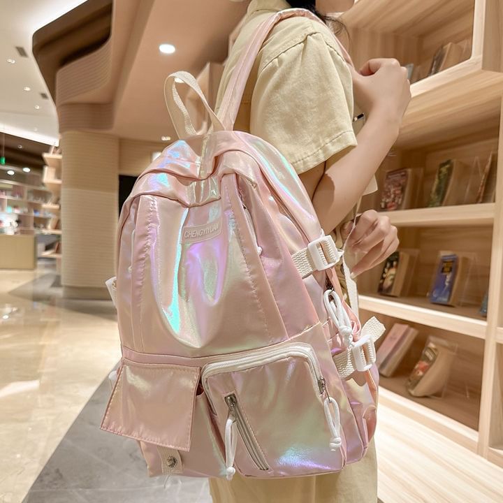 Buckled Backpack Leather Faux Holographic