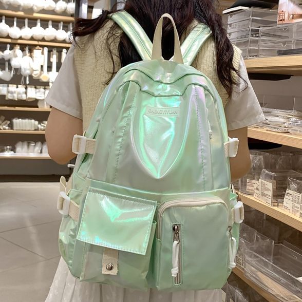Buckled Backpack Leather Faux Holographic