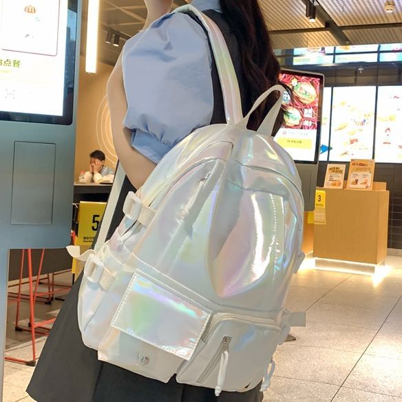 Buckled Backpack Leather Faux Holographic