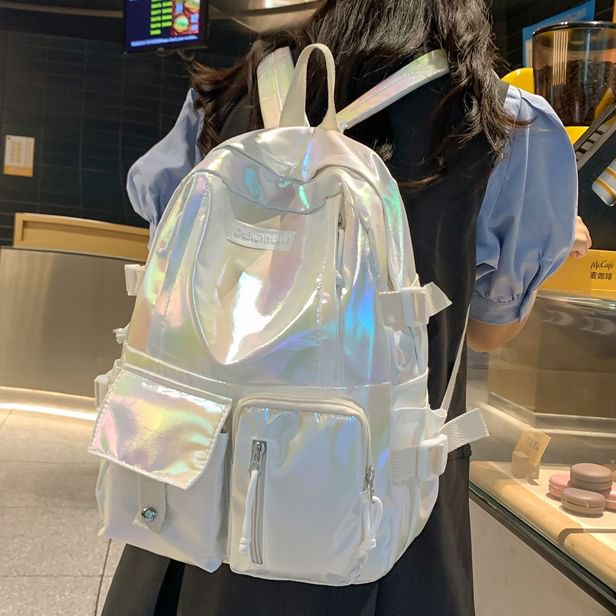 Buckled Backpack Leather Faux Holographic