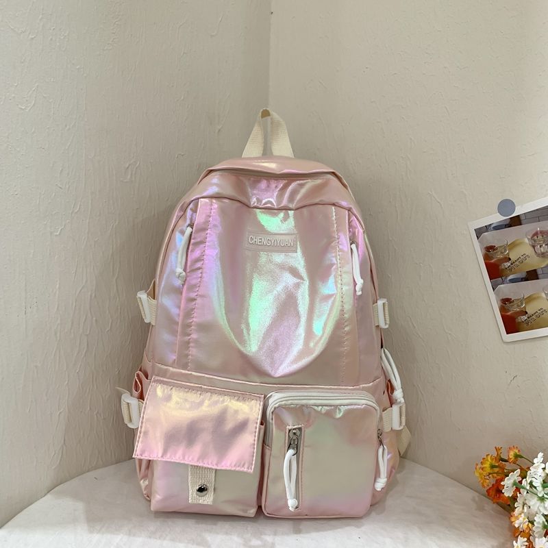 Buckled Backpack Leather Faux Holographic