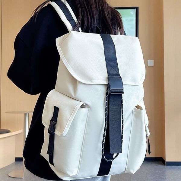 Unisex Drawstring Plain Buckled Backpack Nylon