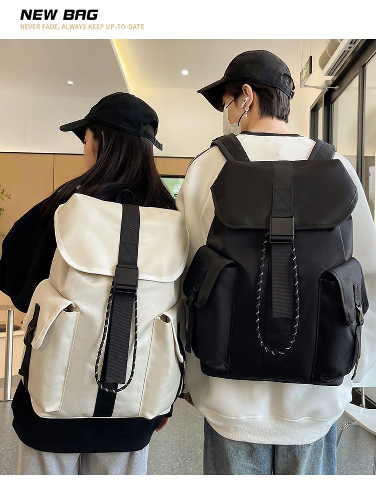 Unisex Drawstring Plain Buckled Backpack Nylon
