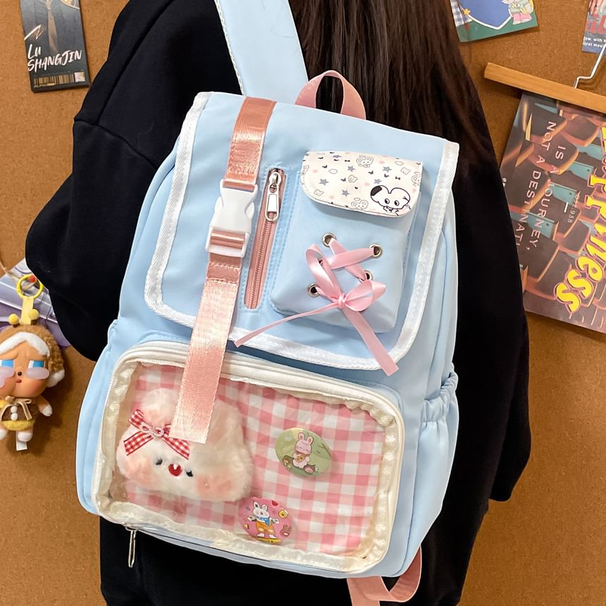 PVC Backpack Buckled Panel Ribbon Nylon Gingham