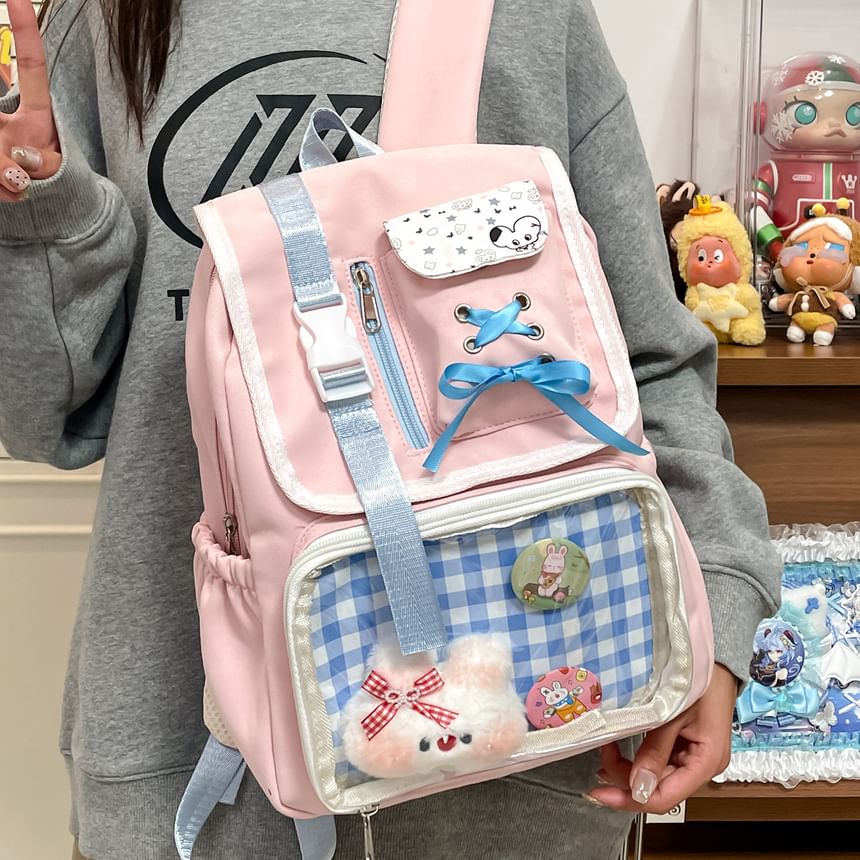 PVC Backpack Buckled Panel Ribbon Nylon Gingham