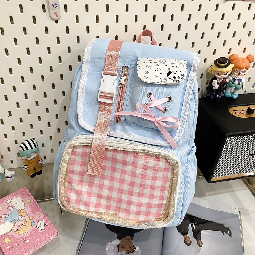 PVC Backpack Buckled Panel Ribbon Nylon Gingham