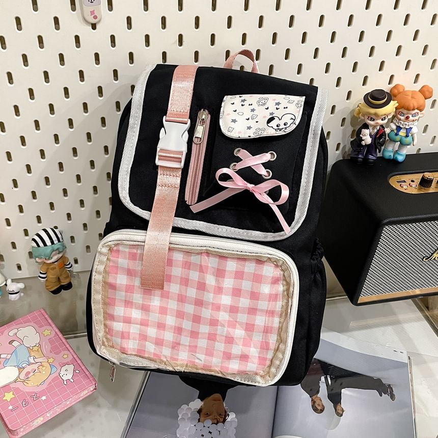 PVC Backpack Buckled Panel Ribbon Nylon Gingham