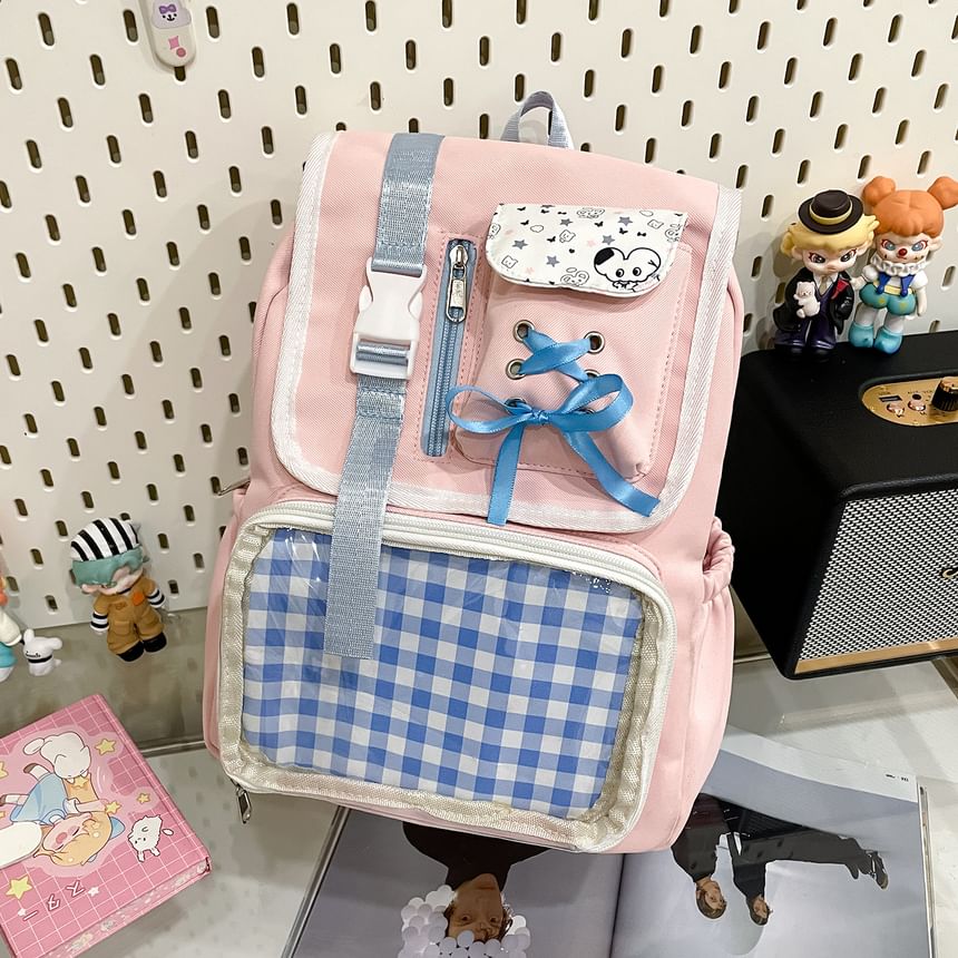 PVC Backpack Buckled Panel Ribbon Nylon Gingham