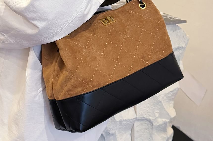 Chain Quilted Crossbody Tote Faux Suede Strap Bag